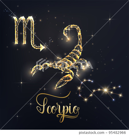 Gold Scorpio zodiac sign poster with scorpion zodiac figure, symbol glyphs, constellation and name Gold Scorpio zodiac sign poster with scorpion zodiac figure, symbol glyphs, constellation and name 95482966
