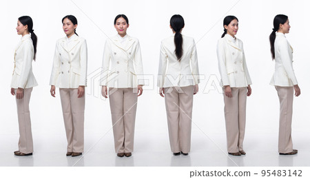 Full length 20s Asian Woman wear formal business blazer suit  dress pant shoes. Black long straight hair female feel happy smile confident, turn 360 from side rear back view, white background isolated 95483142