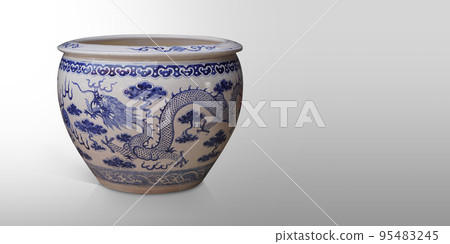 antique big white and blue ceramic pot on grey background, object, decor, vintage, ancient, copy space 95483245