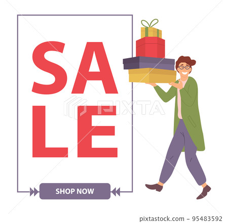 Sale announcement. The man buys gifts for the holiday. Guy with colorful boxes in his hands Sale announcement. The man buys gifts for the holiday. Guy with colorful boxes in his hands 95483592