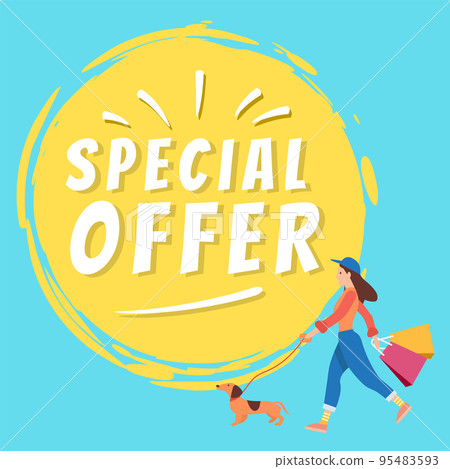 Promotion of sales and discounts. A girl is walking with the dog and going shopping on black friday Promotion of sales and discounts. A girl is walking with the dog and going shopping on black friday 95483593