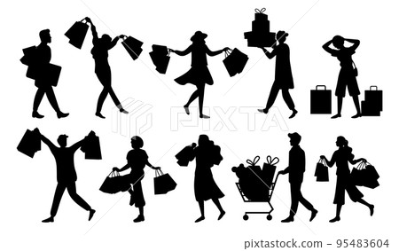 Silhouettes of people shopping. Shoppers with purchases in their hands and women buying clothes 95483604