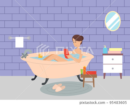 Girl lies in bathroom and surfs Internet, browsing web, searching for info. Relaxing in bathroom Girl lies in bathroom and surfs Internet, browsing web, searching for info. Relaxing in bathroom 95483605