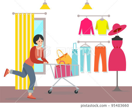 Woman shopping in a mall vector illustration. Girl with bags for purchases in the shopping cart 95483660
