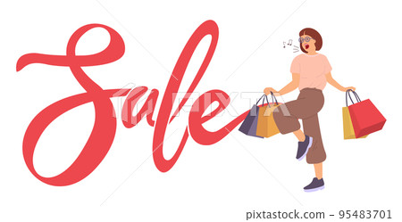 Woman is standing with shopping bags Young girl is singing. Sale announcement on the background 95483701