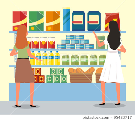 Girls next to the food counter are choosing goods. Women communicate during a shopping sale 95483717