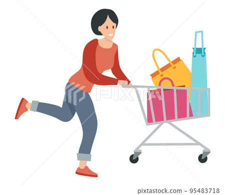 Woman with bags for purchases in the shopping cart. Young shopper girl isolated on white background 95483718