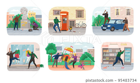 Set of vandals hiding under hoods damaging public property. People vandalism gangster 95483734