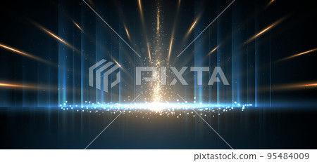 Luxury golden and light blue glowing lines with lighting effect sparkle on dark blue background. Luxury golden and light blue glowing lines with lighting effect sparkle on dark blue background. 95484009