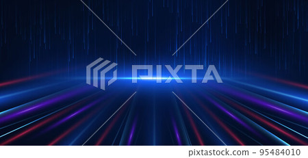 Abstract technology futuristic glowing blue and red  light lines with speed motion blur effect on dark blue background. 95484010