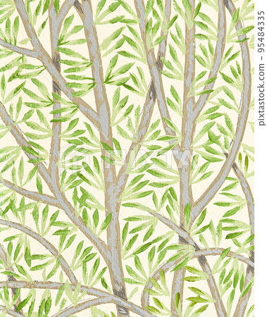 A vertical illustrated design of tree branches with green leaves on a beige background A vertical illustrated design of tree branches with green leaves on a beige background 95484335
