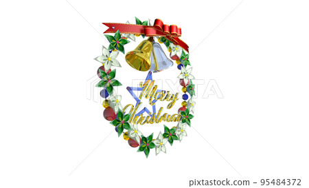 Christmas wreath, white and green flowers, gold and silver bells, decorative letters, left 45° Christmas wreath, white and green flowers, gold and silver bells, decorative letters, left 45° 95484372