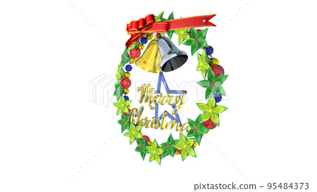 Christmas wreath, yellowish green and green flowers, gold and silver bells, decorative letters, right 45° Christmas wreath, yellowish green and green flowers, gold and silver bells, decorative letters, right 45° 95484373