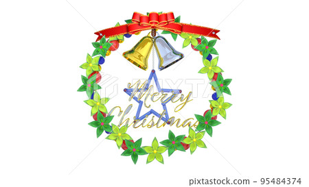 Christmas wreath, yellow green and green flowers, gold and silver bells, decorative letters, from the front Christmas wreath, yellow green and green flowers, gold and silver bells, decorative letters, from the front 95484374