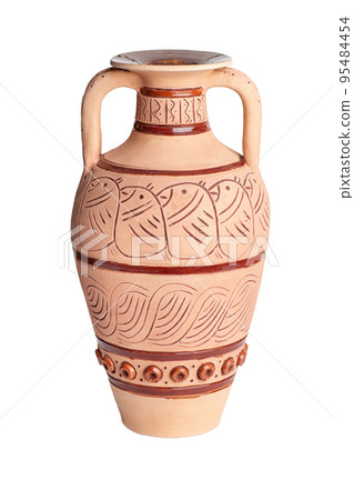 A vintage decorated ceramic jug isolated on a white background A vintage decorated ceramic jug isolated on a white background 95484454