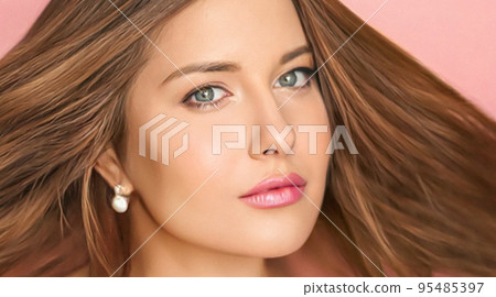 Beauty, makeup and hairstyle, beautiful woman with glossy lipstick make up on pink background as bridal make-up look, fashion and glamour model face portrait for cosmetics, skincare and hair care Beauty, makeup and hairstyle, beautiful woman with glossy lipstick make up on pink background as bridal make-up look, fashion and glamour model face portrait for cosmetics, skincare and hair care 95485397