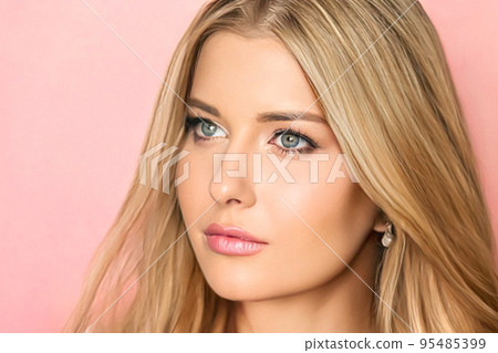 Beauty, makeup and hairstyle, beautiful blonde woman with glossy lipstick make up on pink background as bridal make-up look, fashion and glamour model face portrait for cosmetics, skincare and hair 95485399
