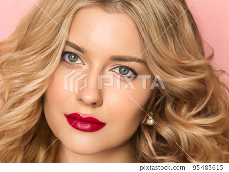 Beauty, makeup and curly hairstyle, beautiful blonde woman with red matte lipstick make up on pink background as bridal make-up look, fashion and glamour model face portrait for cosmetics, skincare 95485615