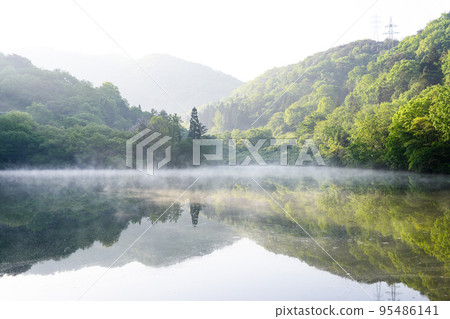 Morning scenery of Seryangji, Hwasun with water mist 95486141