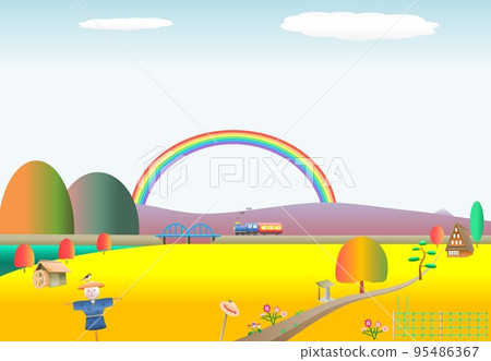 Rainbow autumn country rice ear rice paddy mountain locomotive gassho 95486367