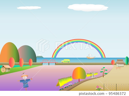 rainbow autumn countryside landscape rice field sea cliff bus rainbow autumn countryside landscape rice field sea cliff bus 95486372
