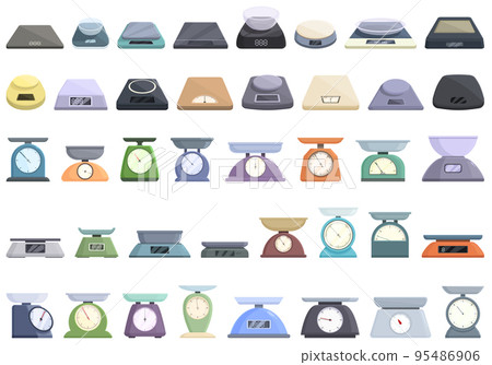 Kitchen scales icons set cartoon vector. Food balance. Scale product 95486906