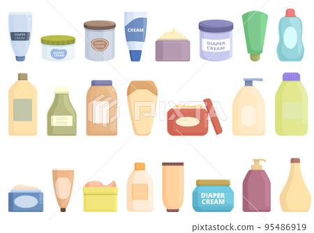 Diaper cream icons set cartoon vector. Children health. Infection chemical Diaper cream icons set cartoon vector. Children health. Infection chemical 95486919