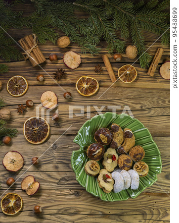 flat lay with Christmas cookies 95488699