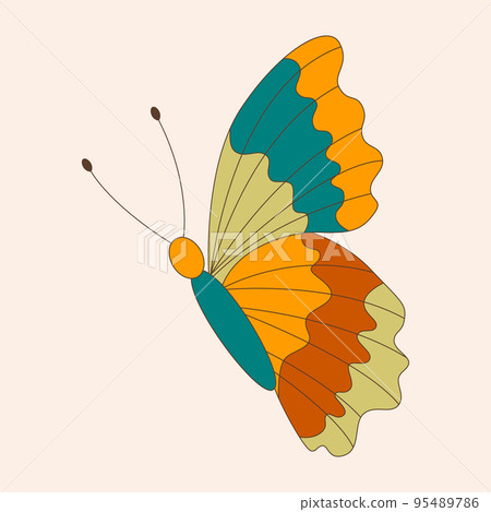 Retro 60s 70s hippie groovy butterfly for cards, stickers or poster design. Flat vector illustration Retro 60s 70s hippie groovy butterfly for cards, stickers or poster design. Flat vector illustration 95489786