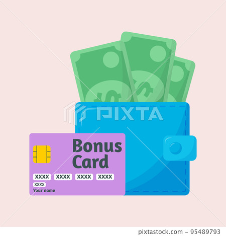 Money wallet with dollars and credit or debit plastic card. Cash back service. Save savings. 95489793