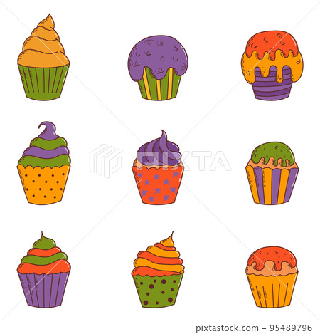 Cute halloween cupcakes. Halloween elements. Trick or treat concept. Vector illustration in hand drawn style 95489796