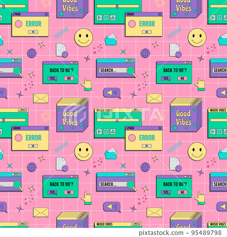 Vaporwave UI and UX elements seamless pattern. PC retro game frame. Nostalgic style 70s, 80s, 90s. Vaporwave UI and UX elements seamless pattern. PC retro game frame. Nostalgic style 70s, 80s, 90s. 95489798