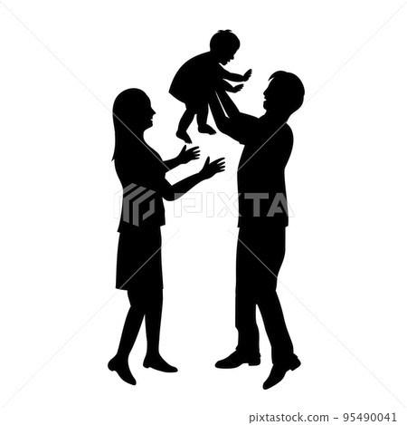 Silhouette of a couple interacting with a child 95490041