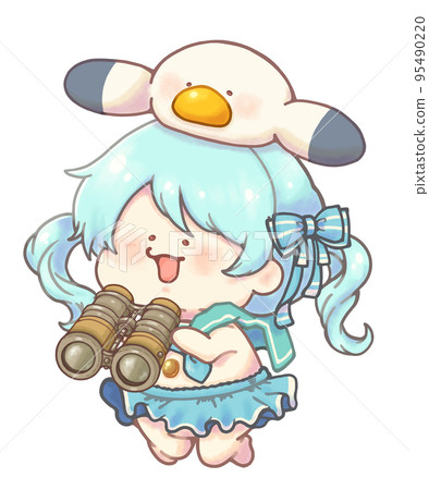 Marine sailor girl with seagulls holding binoculars light blue ver Marine sailor girl with seagulls holding binoculars light blue ver 95490220