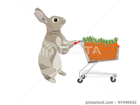 Illustration of a rabbit pushing a shopping cart Illustration of a rabbit pushing a shopping cart 95490692