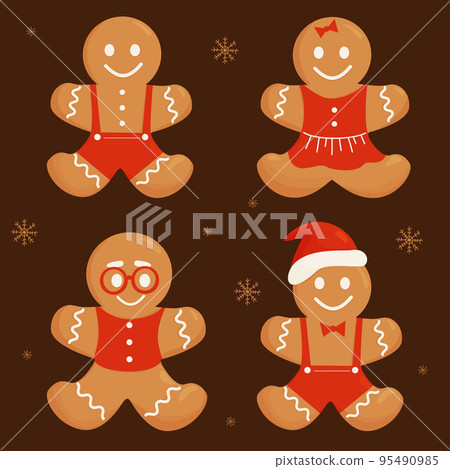 Collection cute Christmas gingerbread mans and girl, funny cookie with glasses and santa hat. Isolated vector elements for your New Years design and decor. 95490985
