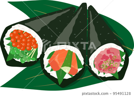 手捲壽司三文魚子三文魚蔥托羅配竹草 95491128