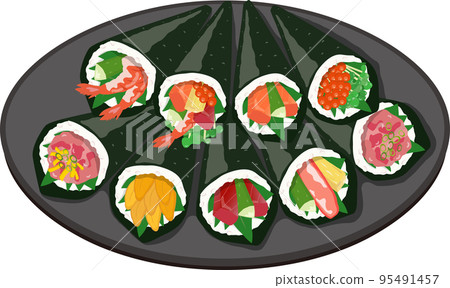 Platter of hand-rolled sushi on a black plate 95491457