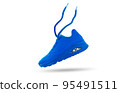 Flying blue womens sneaker isolated on white background. Fashionable stylish sports casual shoes. Creative minimalistic footwear layout. Lifestyle product photo, levitation and urban style concept. 95491511
