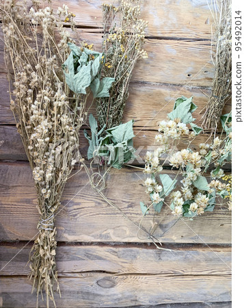 Dried medicinal flowers and herbs on wooden background. Studio Photo 95492014