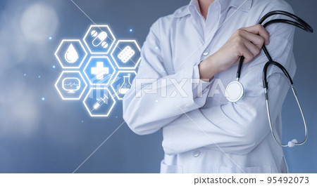 Hand of doctor hold a stethoscope with health icon. Medical technology and Healthcare treatment to diagnose 95492073