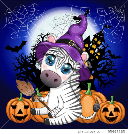 Cute zebra in witch hat, with broom, pumpkin jack, magic potion. Poster, card, label and decoration for Halloween 95492265