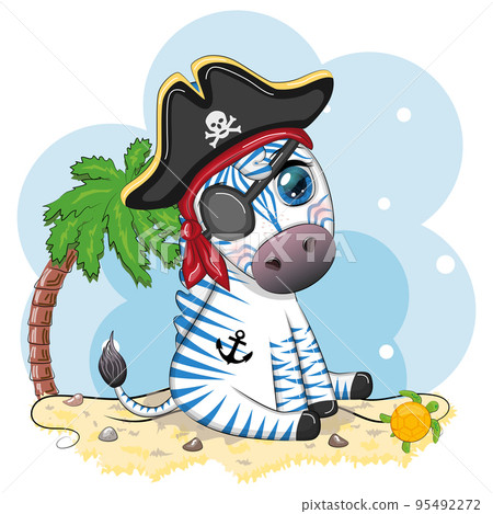 Cute zebra pirate in a cocked hat with an eye patch. Pirates and treasures, islands and palm trees Cute zebra pirate in a cocked hat with an eye patch. Pirates and treasures, islands and palm trees 95492272