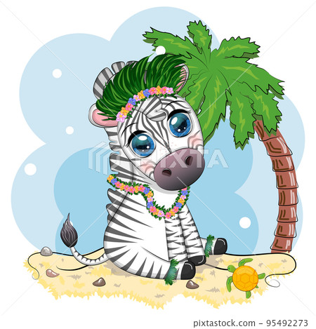 Cute zebra in hula dancer costume, Hawaii, child character. Animal in summer. Summer holidays, vacation Cute zebra in hula dancer costume, Hawaii, child character. Animal in summer. Summer holidays, vacation 95492273
