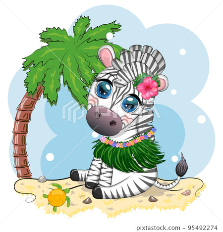 Cute zebra in hula dancer costume, Hawaii, child character. Animal in summer. Summer holidays, vacation Cute zebra in hula dancer costume, Hawaii, child character. Animal in summer. Summer holidays, vacation 95492274