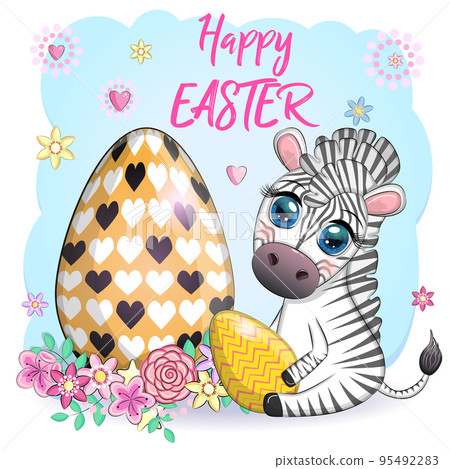 Zebra with Easter egg, flowers. Easter greeting card 95492283