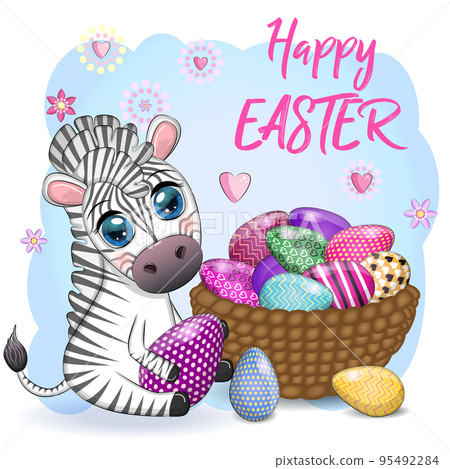 Zebra with Easter egg, flowers. Easter greeting card Zebra with Easter egg, flowers. Easter greeting card 95492284