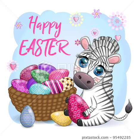 Zebra with Easter egg, flowers. Easter greeting card 95492285