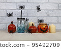Thanksgiving, Halloween holiday poster design. Spiders on the wall. 95492709