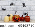 Thanksgiving, Halloween holiday poster design. Spiders on the wall. 95492710